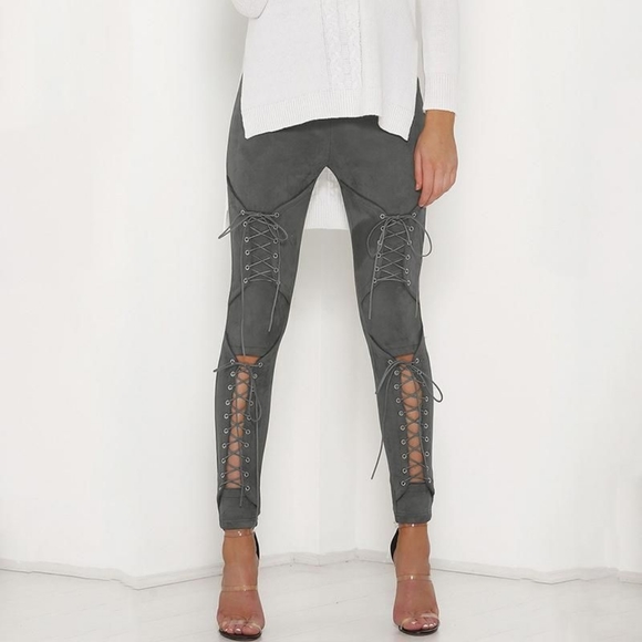 Faux Suede Lace-Up Leggings - Grey